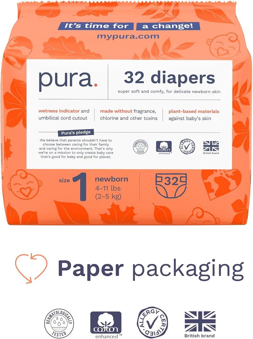 Pura Size 1 Eco-Friendly Diapers (4-11lbs) Hypoallergenic, Soft Organic Cotton Comfort, Sustainable, Wetness Indicator, Allergy UK, Newborn, Bulk Buy, 5 Packs of 32 (160
 Baby Diapers)