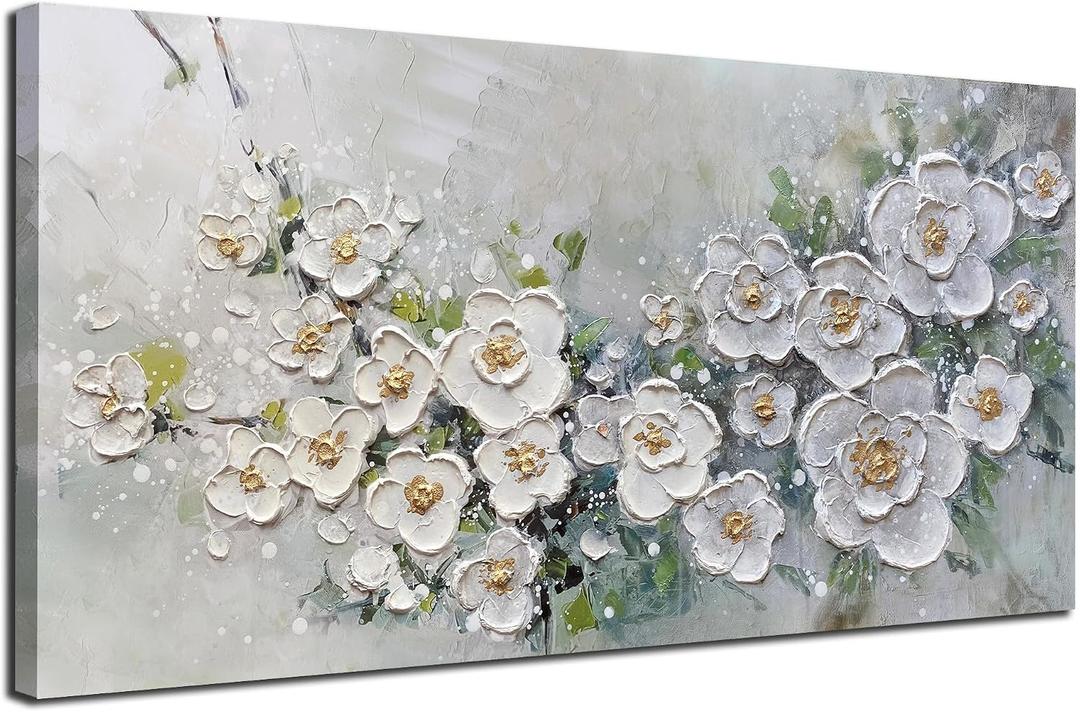 Brushart Large White Flower Wall Art Textured Floral Canvas Wall Art Decor Pictures Paintings Artwork for Living Room Dining Room Bedroom Home Office, 48"x24"