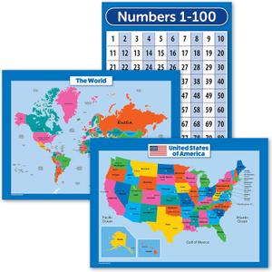 3 Pack - USA & World Map for Kids + Numbers 1-100 Poster Set (LAMINATED, 18" x 24")