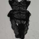 Aranmei Women Sexy Lingerie Bodysuit Lace Teddy Snap Crotch V Neck Cut Out One Piece Babydoll Underwire (Large, Black)