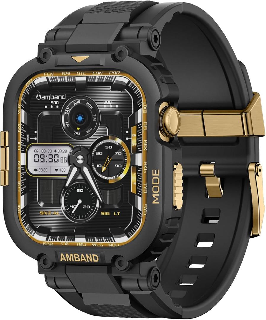 amBand for Apple Watch Series 11/10 42mm Bands Case for Men, M1 Sport Rugged Heavy Duty Bumper Protector Tactical Strap Military Protective Cover for iWatch Workout Accessory 42 mm - Black Gold