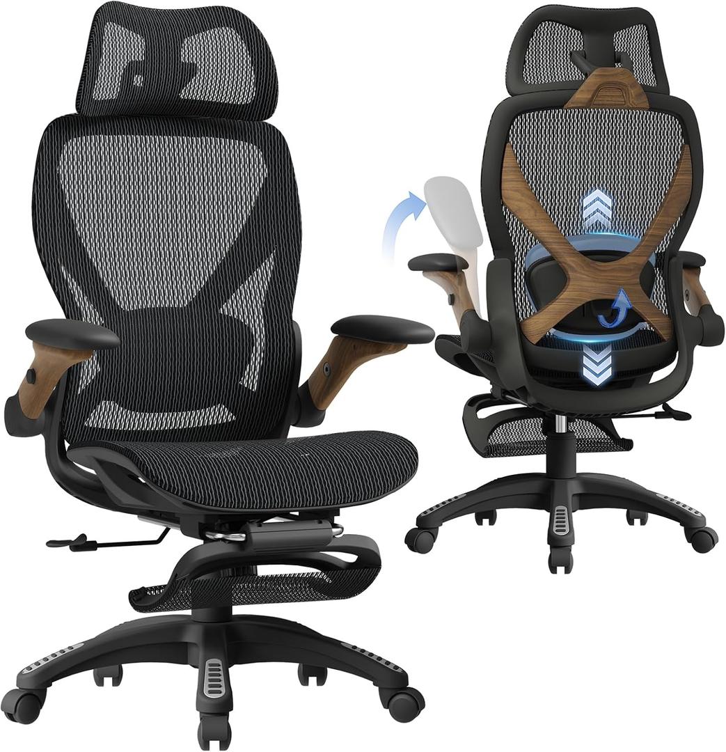 ELABEST X100 Ergonomic Office Chair with Footrest, Big and Tall Home Desk Chair with 5D Flip-Up Arms, Adjustable 3D Lumbar Support,High Back Rolling Computer Chair, Swivel Mesh Chairs (Library Oak), 26 inches x 24 inches x 41 inches