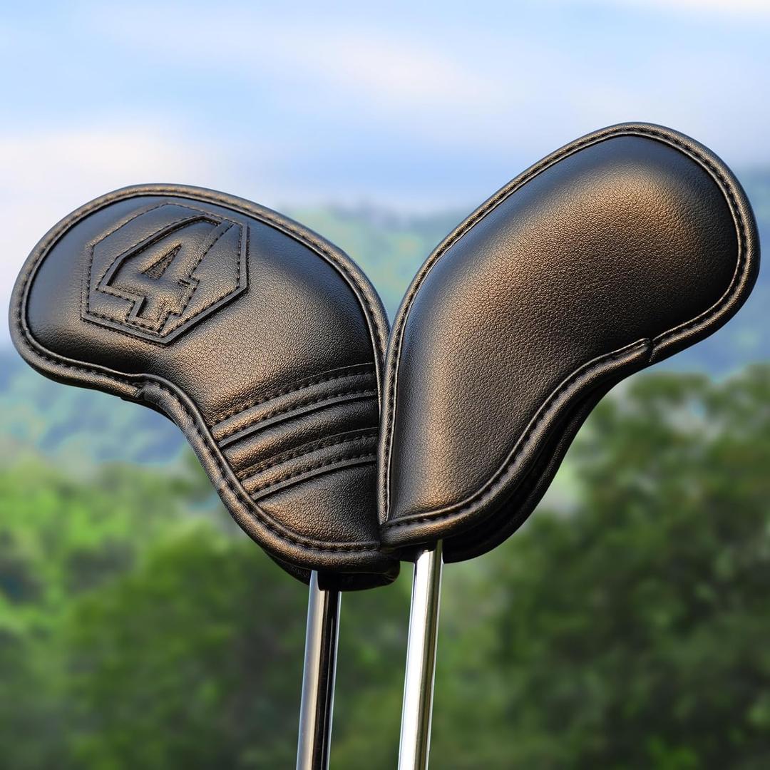 Magnetic Golf Iron Covers Set 10 Pcs Golf Iron Headcovers PU Leather Easy Off/On Protective Cover (Black)