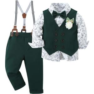 YALLET Toddler Baby Boy Clothes Suit Gentleman Wedding Outfits, Formal Dress Shirt+Bowtie+Vest+Boutonniere+Suspender Pants(V Green, 12-18 Months)