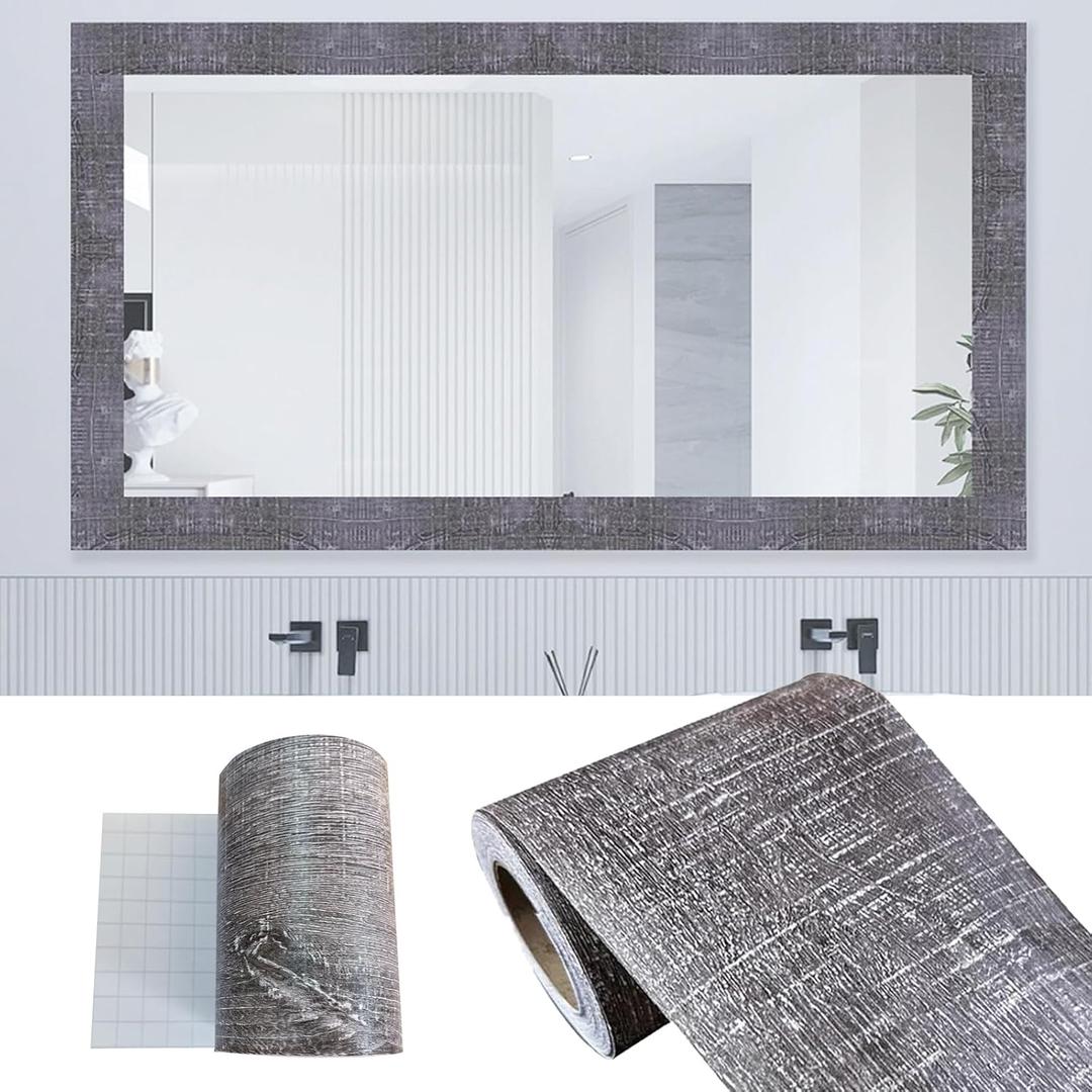 32.8Ft Gray Wood Grain PVC Wallpaper Border, Removable Waterproof Mirror Border Peel and Stick,Bathroom Mirror Frame Border (1.97inch) (2" x 397")