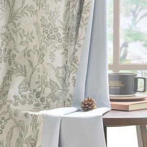 Lazzzy Linen Farmhouse Lined Curtains Green Floral 84 Inch Length Back Tab Drapes for Living Room Bedroom Flower Patterned Country Vintage 2 Panels Set Rod Pocket Green on Beige