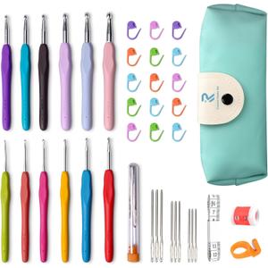 RealPlus Crochet Hooks, 12 Sizes Crochet Hook Set, Crochet Kit for Beginners, Knitting Needles with Ergonomic Handles for Arthritic Hands, Christmas Gifts for Women, Crochet Needles with Blue Case (Green)