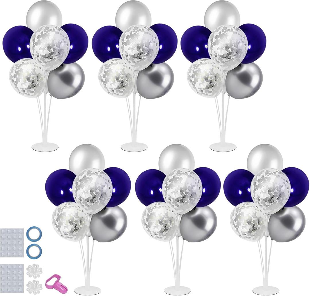 6 Set Balloon Stand with Blue and Silver Balloons Centerpiece Table Decorations Birthday Graduation Bridal Shower Wedding Anniversary Father's Day Retirement New Years Decorations 2025