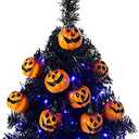 Sunnyglade 21.6 30 LED Halloween Black Spooky Tree Glittered with Purple Lights & 12 Pumpkin Decorations,Battery Powered for Halloween Indoor Tabletop Decoration