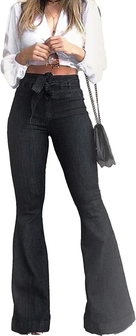 Pantete Womens High Waisted Bell Bottom Jeans Denim High Rise Flare Jean Pants with Wide Leg and Belt (Black, L)