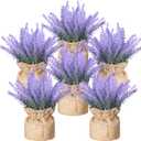 6 Pack Fake Lavender Plant Small Artificial Lavender Flowers Decor Burlap Bag Rustic Plant Potted for Kitchen Farmhouse Home Bedroom Wedding Table Country Indoor Decor