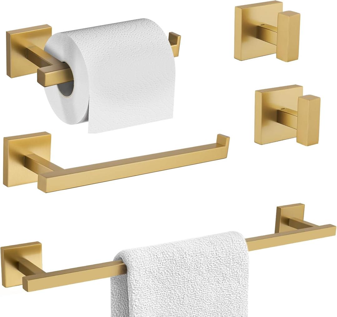 TURS Towel Bar Set Brushed Gold 5-Pieces Bathroom Hardware Set SUS304 Stainless Steel Towel Holder Set 24 Inch Single Towel Bar Wall Mounted
