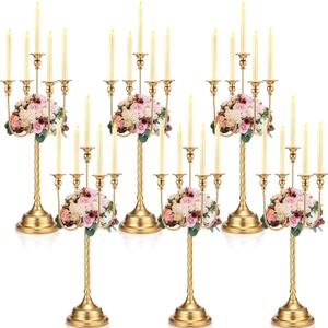 Rtteri 6 Pcs Gold Candelabra Candlestick Holder Metal Candle Stand Candelabra for Taper Candles Table Centerpieces Wedding Christmas Holiday Birthday Party (12.2 x 12.2 x 26.4 Inch,5 Arm)