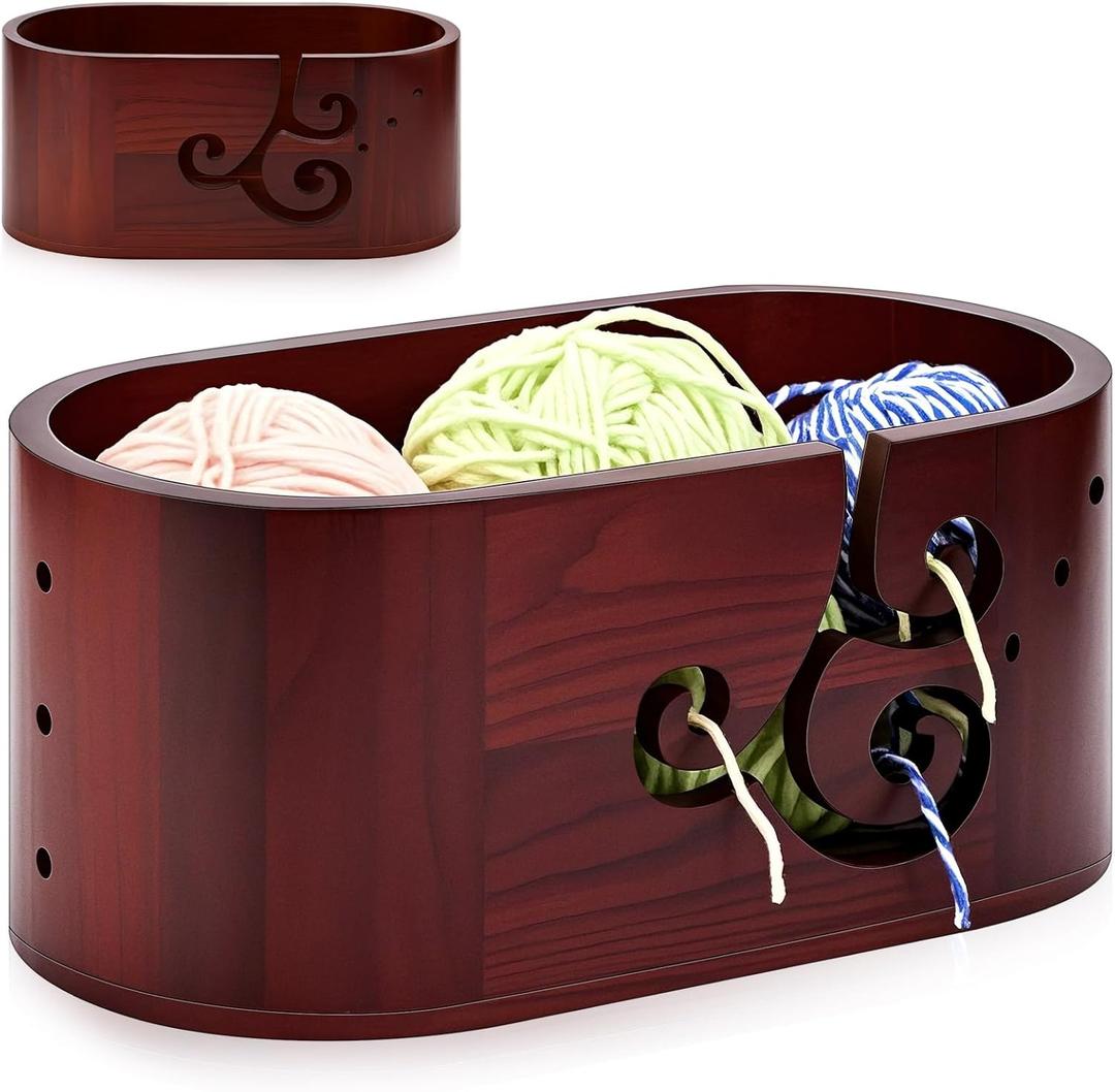 Marsui Oval Wooden Yarn Bowls with 3 Holes Curly Design Yarn Holder for Crocheting, Crochet Bowl for Knitting Storage Crocheters Gift Knitting Supplies, 5.47 x 10.79 x 4.72 Inch