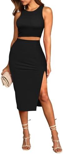 Pink Queen Women's 2 Piece Crew Neck Sleeveless Ribbed Tank Top Bodycon Slit Midi Skirt Outfit Dress Set L