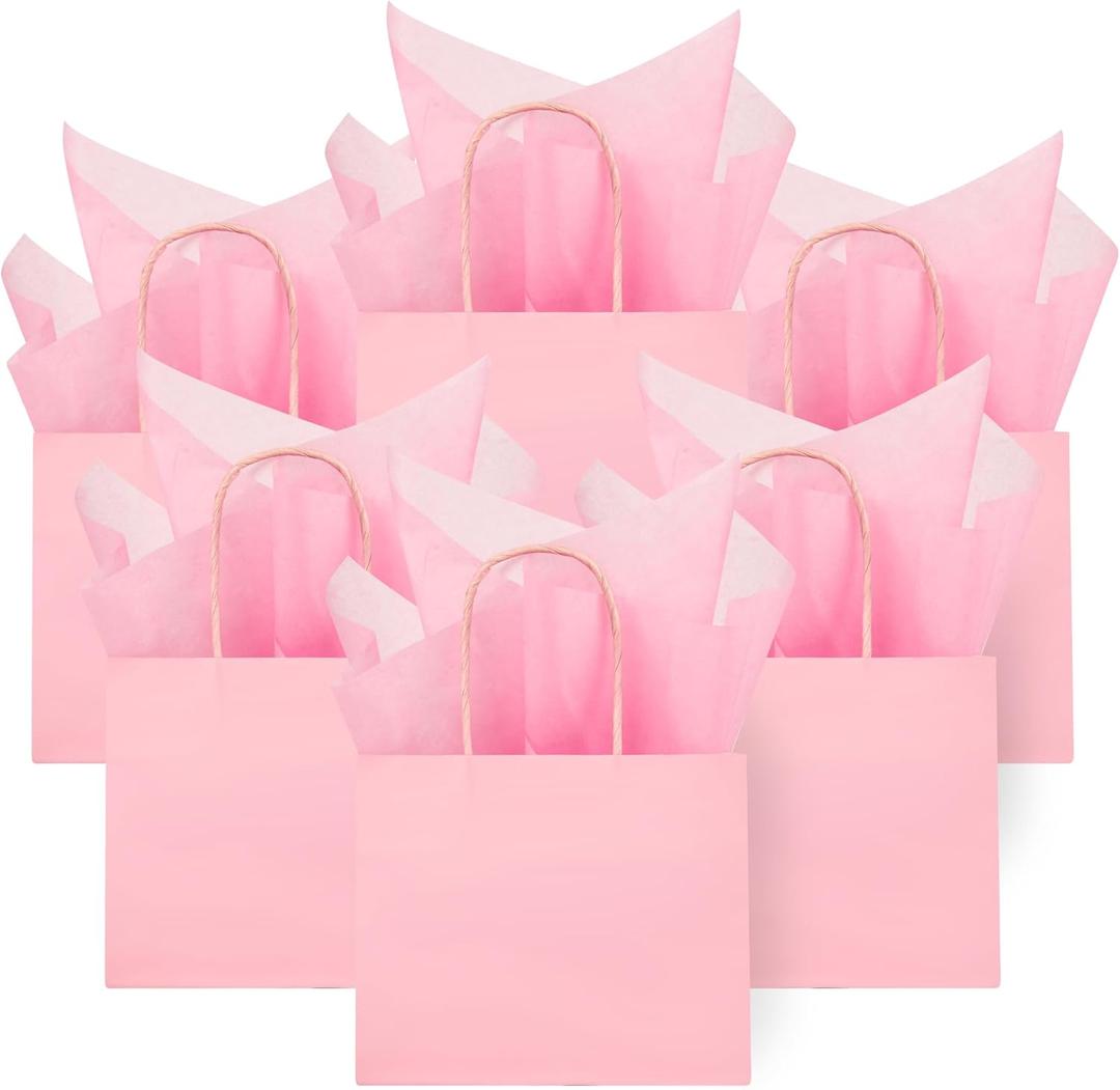 DjinnGlory 24 Pack Mini Tiny Small Pink Paper Gift Bags with Handles 6x5x2.5 Inch and 24 Tissue Paper for Wedding Baby Shower Princess Birthday Party Favors Goodies