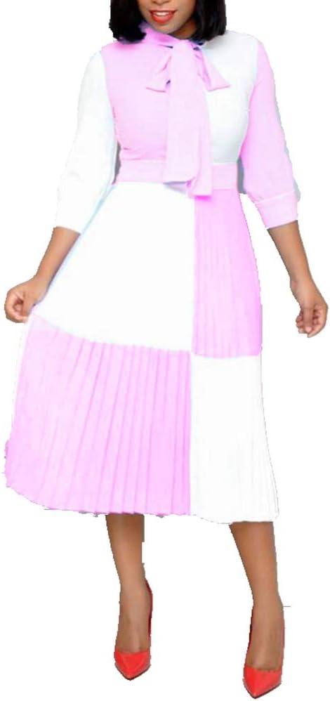 VERWIN Loose Color Block 3/4 Sleeve Women Dress Midi Dress Party Cocktail Evening Dress (Medium, Pink)