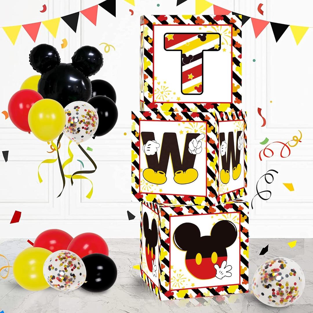 2nd Birthday Party Favors Balloon Boxes Supplies for Baby, Boys 3Pcs Black Yellow Mouse Theme Two Year Old Balloon Boxes, 'TWO' Letters Balloon Arch Kit for Party Decorations