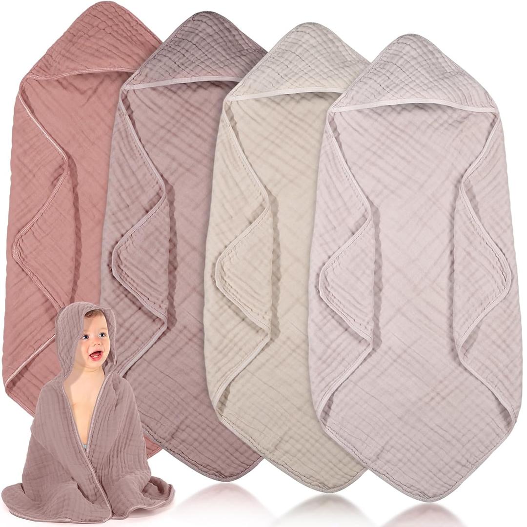 Peryiter 4 Pcs Muslin Hooded Baby Towels 32 x 32 Inch Cotton Newborn Bath Essentials Muslin Infant Blankets Absorbent Registry Gifts for Girl Boy Kids Baby Shower (Beige Series)