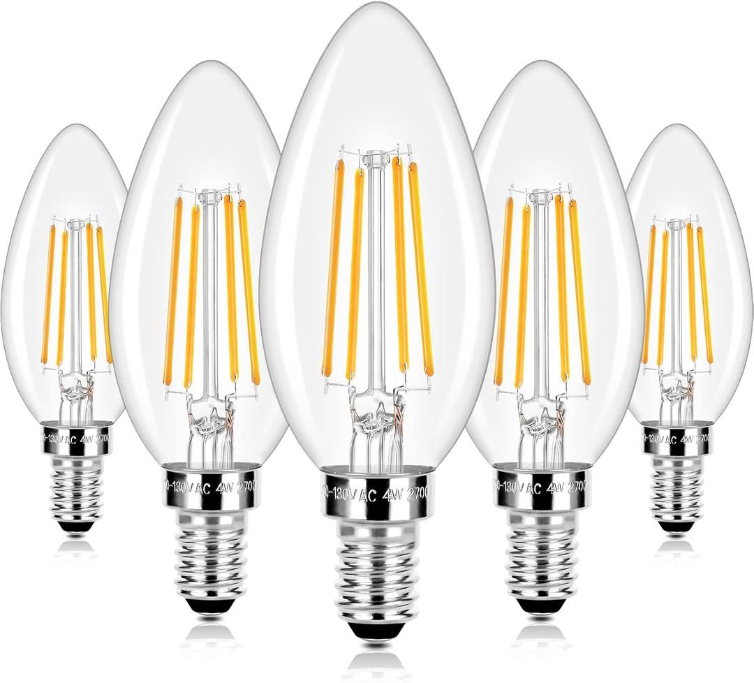 E12 LED Candelabra Bulbs 40 Watt Equivalent, 4W Vintage Candle Light Bulbs Dimmable, 470Lm Warm White 2700K B11 Edison Bulb, Filament Clear Glass Lamp Bulb for Chandelier Ceiling Fan (5 Packs)