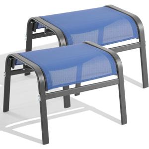 ONBRILL Outdoor Ottoman Set of 2, All Weather Outdoor Foot Stool with Supportive Textliene and Metal Frame, Stackable Oversized Outdoor Foot Rest for Furniture Patio Garden Pool, Blue