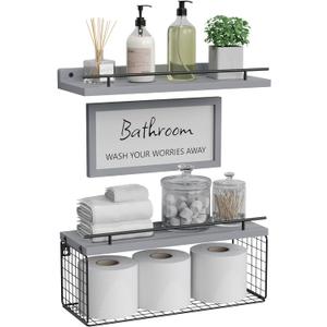 WOPITUES Floating Shelves for Wall Decor Sign, Bathroom Organizers and Storage, Bathroom Shelves Over Toilet with Metal Guardrail-Modern Grey