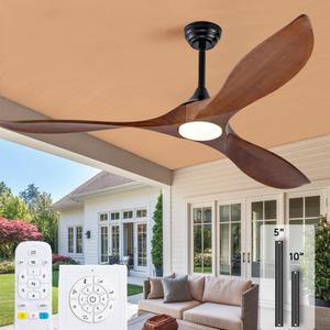 60 Inch Outdoor Ceiling Fans with Lights and Remote,3 Blade Modern Solid Wood Ceiling Fan with Wall Control Switch,Dimmable,Quiet Noiseless DC Motor for Patios,Farmhouse, Living Room,Bedroom