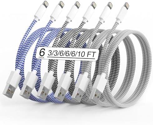 Set of 3, Apple MFi Certified 6Pack iPhone Charger 3/3/6/6/6/10FT Lightning Cable Fast Charging iPhone Charger Cord Nylon Braided for iPhone14/13/12/11Pro Max/XS MAX/XR/XS/X/8/7Plus iPad AirPods