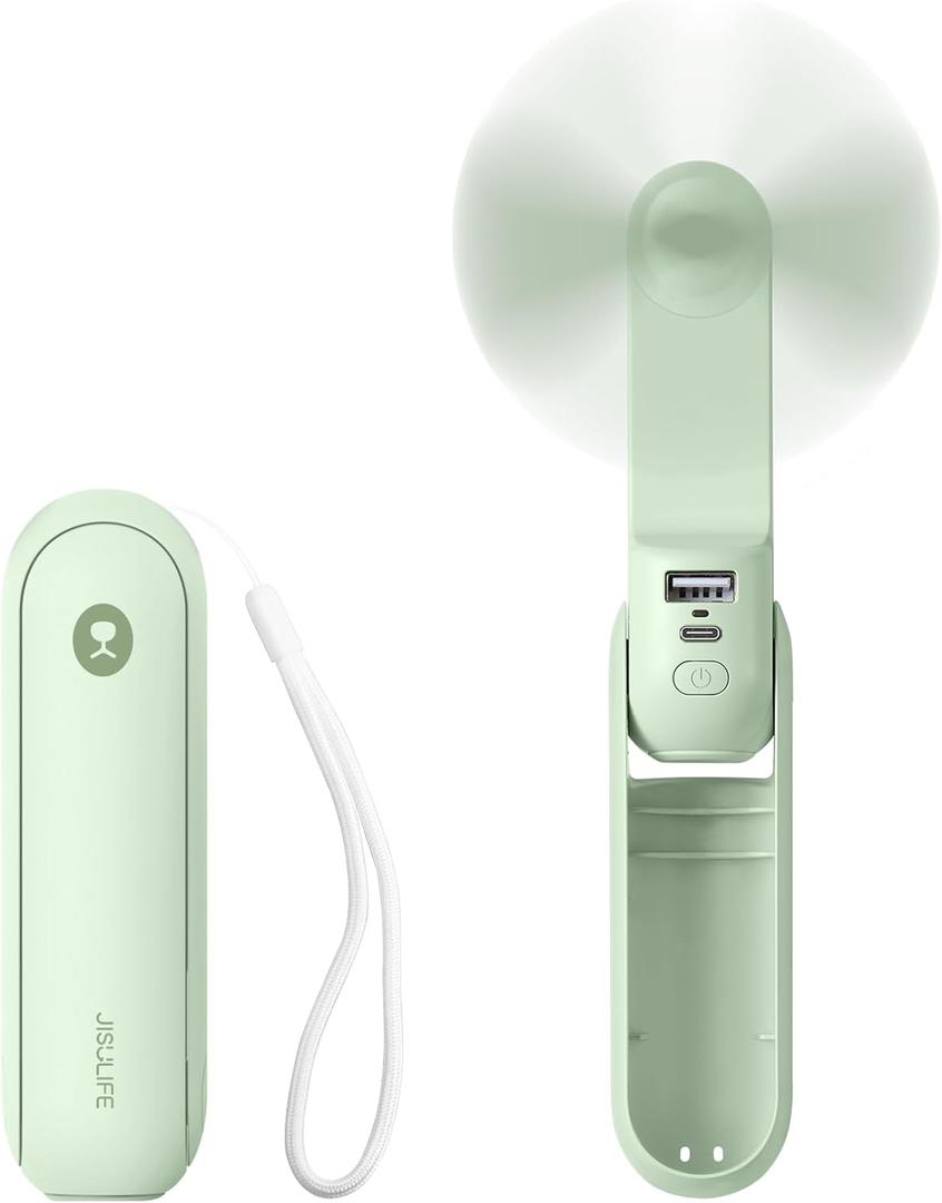 JISULIFE Portable Handheld Fan, Mini Personal 3-In-1 with Power Bank&Flashlight, 12-19 Hrs USB Rechargeable Battery Pocket Fan for Travel/Summer/Vacation/Concert, Essential Gifts for Men/Women-Green