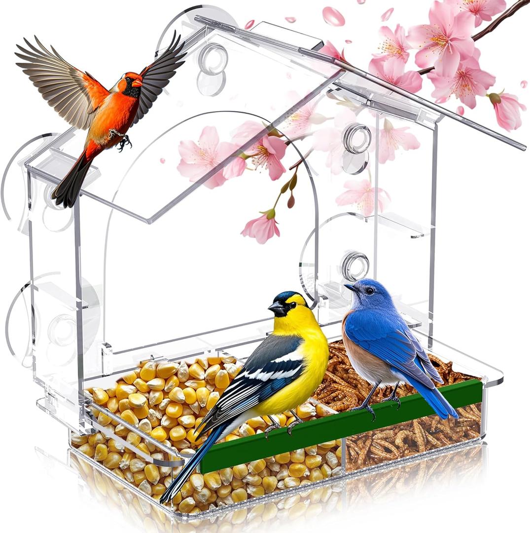 Window Bird Feeder with 5 Extra Strong Suction Cups, Clear Birdfeeders for Outdoors, Sturdy and Durable Bird House for Window Viewing Outside,Garden Decor Gifts for Bird Lover