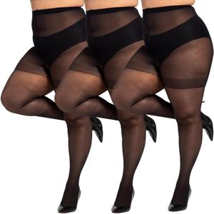 LADYFAN 3 Pairs Plus Size Women’s Sheer Tights 20D High Waist Control Top Pantyhose with Reinforced Toes, XX-Large