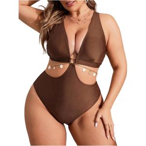 WDIRARA Women's Plus Size One Piece Swimsuit Cut Out Deep V Neck Swimwear (Brown)