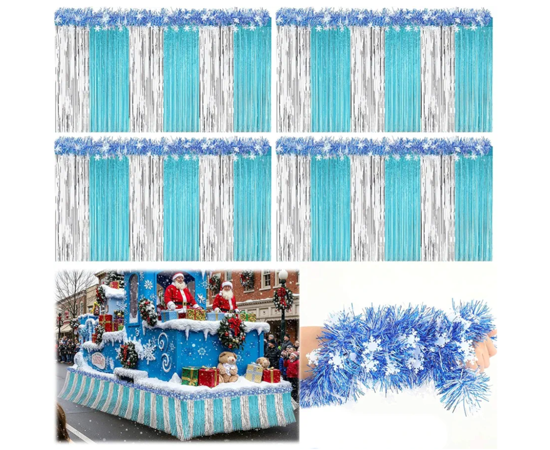 Crowye Christmas Parade Float Decorations Kit Included 9.85 feet Metallic Foil Fringe Curtains 9.85 ft Tinsel Garlands for Christmas Trailer Party Holiday(Blue, Silver,157.48 ft,Snowflake)