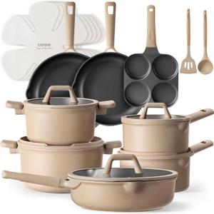 CAROTE 19pcs Nonstick Cookware Set, Pots and Pans Set Non Stick, kitchen Cooking Set, Premium Induction Cookware, Frying pan, Large Capacity Granite, Brown (19 Piece)