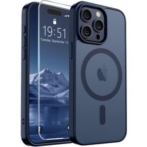 SUPFINE Magnetic for iPhone 15 Pro Case with Screen Protector (Compatible with MagSafe) (Military Grade Drop Protection) Translucent Matte Shockproof Phone Cover,Dark Blue