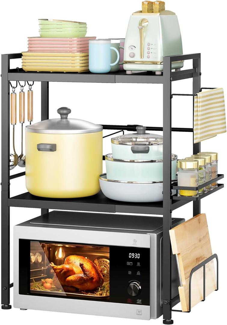 DOLALIKE Microwave Oven Rack, Expandable Microwave Stand Countertop Kitchen Utensils Tableware Storage, Carbon Steel Over Microwave Shelf Countertop with 6 Hooks (3 Tier (With Spice Rack))