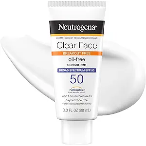 Neutrogena Clear Face Sunscreen Lotion for AcneProne Skin, Broad Spectrum SPF 50, Sunscreen for Face & Oily Skin, Oil,Fragrance & OxybenzoneFree, Water Resistant, Matte, Unscented, 3 Fl Oz