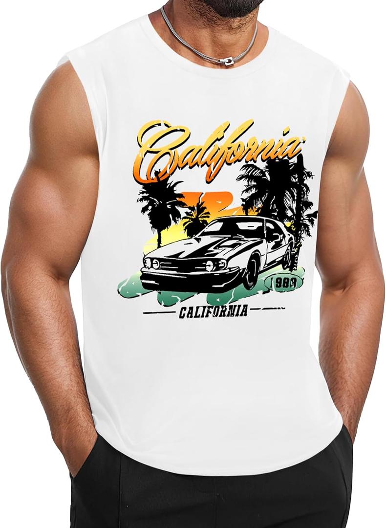 Mens Tank Top Summer Sleeveless Shirts Graphic Palm Tree Tank Shirts for Men Beach Vacation Muscle Gym Tank Tops (Medium, White)