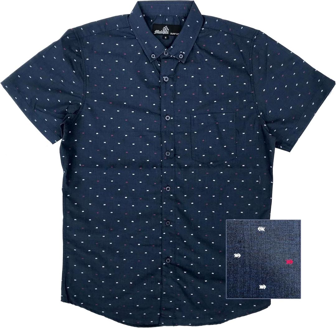 Molokai Surf Button Down Slim Fit Hawaiian Short Sleeve Shirts (Large, Fish Bones (Navy))
