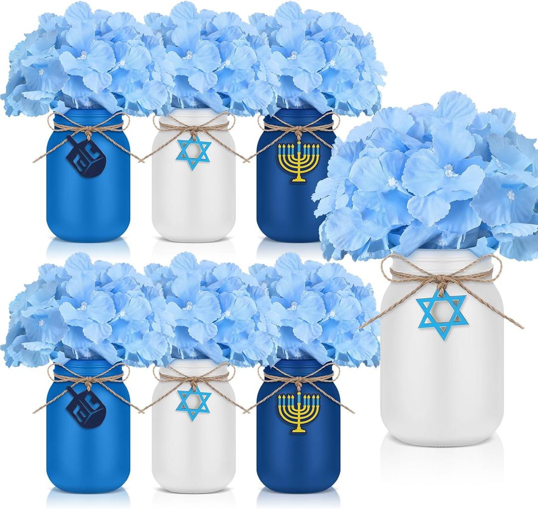 Lyrow 6 Pack Hanukkah Mason Jar Table Centerpiece Faux Hydrangea Floral Kitchen Table Decoration Hanukkah Tiered Tray Decor for Holiday Party Supplies (Blue)