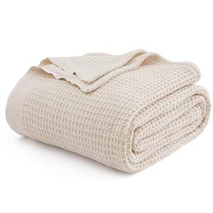 Bedsure Gentlesoft 100% Cotton Blanket King Size for Bed - Cooling Breathable and Soft for Summer, Thick Cozy Waffle Weave Blanket Gifts for Women, Light Beige, 104x90 inches