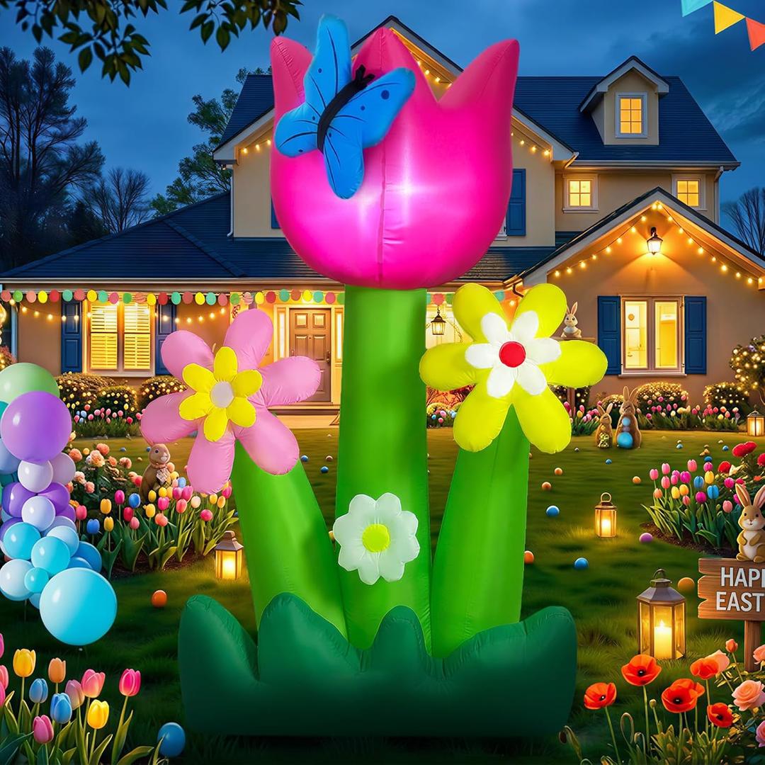 OurWarm 6FT Easter Inflatables Outdoor Decorations, Spring Inflatable Tulip Flowers with Built-in LED Lights, Easter Blow Up Yard Decorations for Lawn, Garden, Yard, Party and Seasonal Outdoor Decor