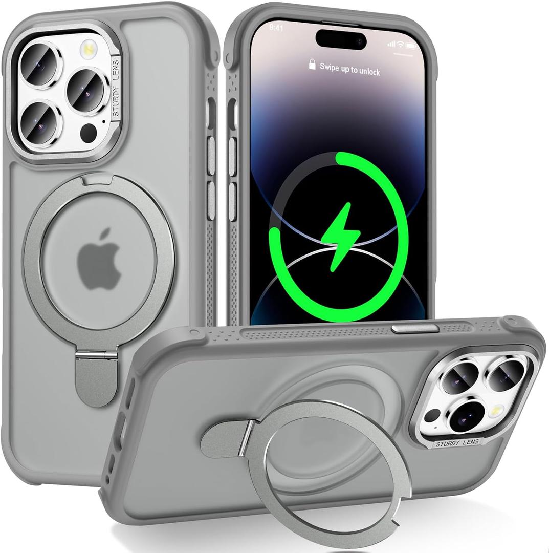 Designed for iPhone 14 Pro Case with Magnetic Stand, [Military Drop Protection][Great Grip Feeling] Matte Translucent Back Slim Shockproof Phone Cover for iPhone 14 Pro 6.1", Grey