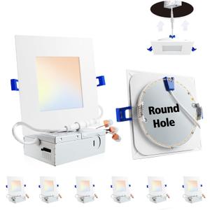 Adetu 6 Pack 6 inch Square Led Recessed Lighting,5CCT Ultra Thin Square Led Ceiling Light with Junction Box,14W 1190LM,CRI90,2700K-5000K Selectable,Dimmable Canless Downlight,ETL and Energy Star