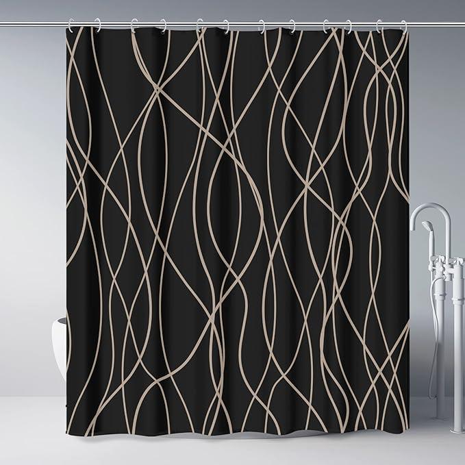 Punkray Black and White Striped Wavy Line Fabric Shower Curtain for Bathroom with 12 Hooks, Shower Curtains for Bathroom 72 Inches Long, Weighted Hem,Waterproof Bath Accessories Hotel Style