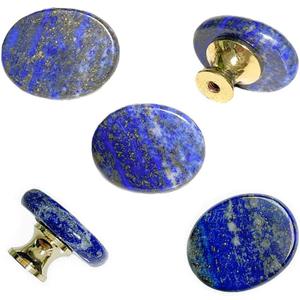 5Pcs Natural Lapis Lazuli Knobs Cabinet Stone Knob Cupboard Pulls Lazuli Drawers Handles for Furniture Hardware Brass Knob Dresser Door Cyan Blue (Lapis) (One Peace Missing)