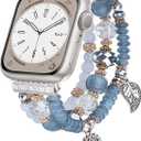 V-MORO Beaded Bracelet Compatible with Apple Watch Band 38mm/40mm/41mm/42mm(Series 10) 9 8 7 6 SE 5 4 Women Fancy Dressy Handmade Elastic Stretchy Strap Replacement Wristband Series 3 2 1(Gray) (Grey Blue)