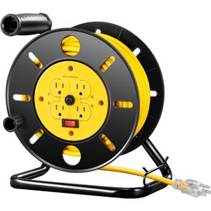 DEWENWILS Retractable Extension Cord Reel, 80FT Heavy Duty Open Cord Reel for Indoor Outdoor, 14/3 AWG SJTW, 4 Grounded Outlets, 13 Amp Circuit Breaker,Handle Rewind, Metal Stand, ETL Listed (Yellow)