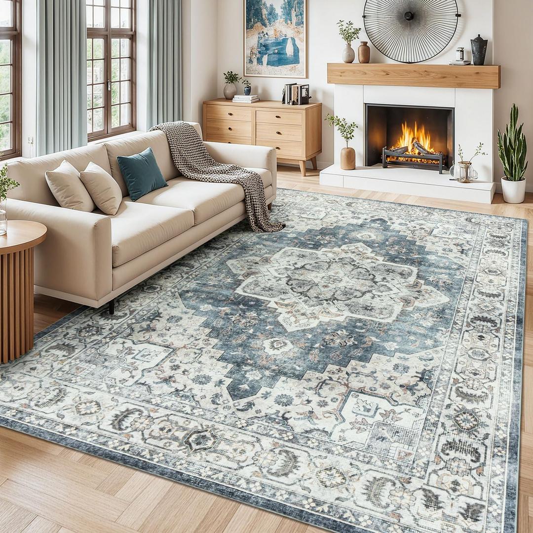 Lessymo 8x10 Vintage Medallion Rug for Living Room, Machine Washable Area Rugs for Bedroom Dining Room Under Table, Soft Low Pile Carpet with Non Slip Backing, Blue Grey/Beige