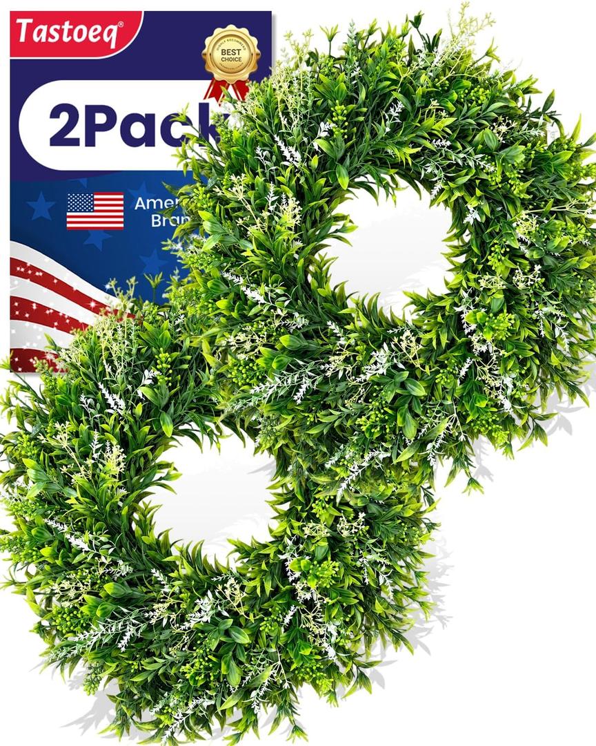 2Pack 20in Eucalyptus Wreath for Front Door, Double Wreaths for Front Door, Artificial Green Leaves Greenery Wreath, All Season Wreath for Porch Window Wall Farmhouse Indoor Outdoor Home Decor